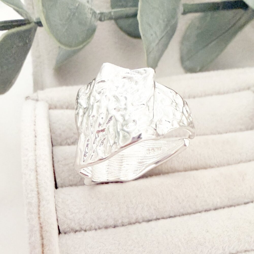 925 Sterling Silver Chunky Ring Irregular Geometric Ring Textured Statement Ring - Picture 11 of 11